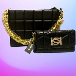 Bebe Black Chica Large Chain Shoulder Bag + Bebe Blk Zaza Bling Trifold wallet